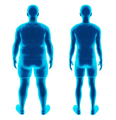 Holographic-style illustration comparing a man's appearance before and after weight loss and exercise, emphasizing his transformation. PNG, isolated on a transparent background. back view.