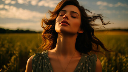 Mujer meditando ojos cerrados - Respiración calma silencio - pradera naturaleza  - obrazy, fototapety, plakaty