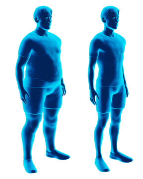 Holographic-style illustration showcasing a man's transformation before and after weight loss and exercise, presented in PNG format with a transparent background. Three quarter camera angle.