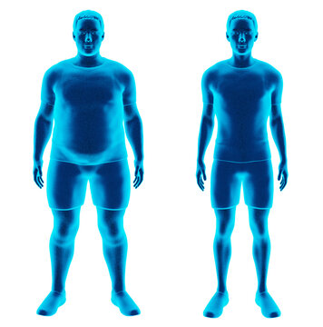 Holographic representation depicting a man's contrast before and after weight loss and exercise, highlighting his transformative journey. PNG, isolated on a transparent background, front view.