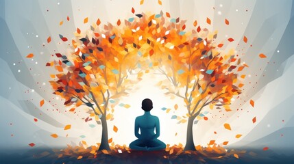 Silhouette of woman meditating in the lotus position with autumn leaves background