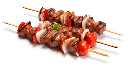 Isolated on a stark white background, shish kebab on skewers with tomato and paper