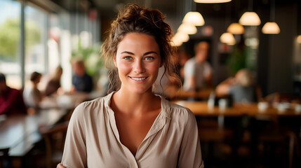 Mujer mirando a cámara - Chica primer plano sonriente - Fondo desenfocado restaurante cafetería  - obrazy, fototapety, plakaty