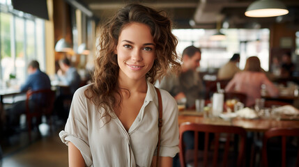 Mujer mirando a camara - Chica primer plano sonriente - Fondo desenfocado restaurante cafeteria -...