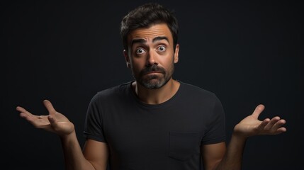 A man in studio doing the gesture of confusion and shrugging - obrazy, fototapety, plakaty