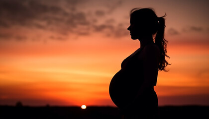 Pregnant woman glowing in sunset, anticipating new life with love generated by AI