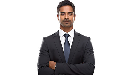 Isolated on a stark white background, a young Indian businessman