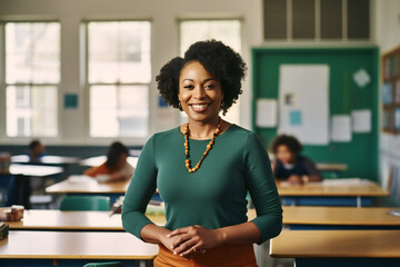 portrait of a smiling 30-year-old african american woman teacher in a modern bright classroom, generated ai - obrazy, fototapety, plakaty