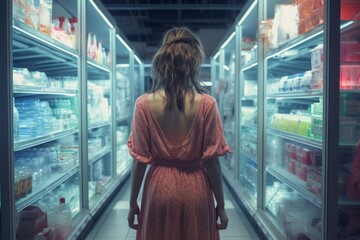 woman with shopping between store shelf