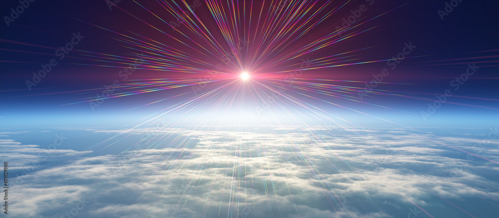 Sticker sunrise from space aurora, 3d rendering