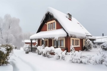 Rural house blanket with snow. Countryside cottage view in snowy wintertime. Generate ai - obrazy, fototapety, plakaty