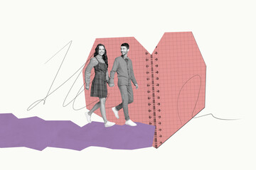 Collage 3d image of pop retro sketch of positive couple hold hands walk heart dating concept...