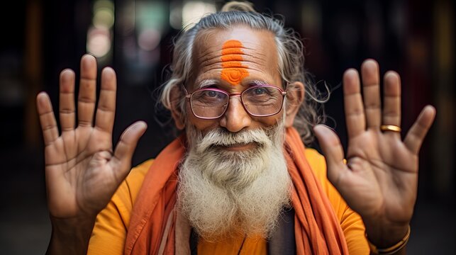 Hindu spiritual leader or pandit with traditional dressing giving blessing with both hands