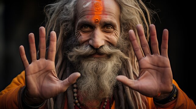 Hindu wise man giving blessing with both hands up