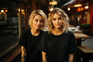 Twin sisters with stylish blonde hair smiling and wearing casual black t-shirts, standing together outdoors.