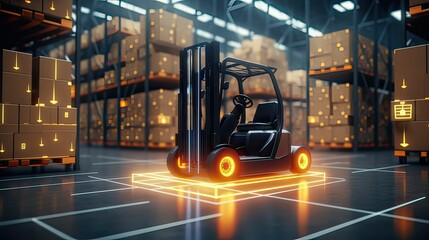 Automated Forklift doing storage in a warehouse managed by machine learning and artificial intelligence automation, robotics applied to industrial logistics, Distribution products, Commercial
