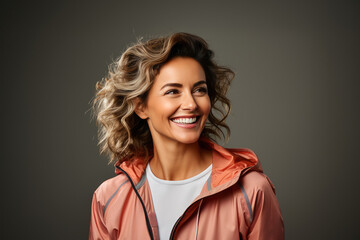 Portrait of a happy smiling woman with curly hair in casual fashion wear, exuding confidence and joy in a studio setting.