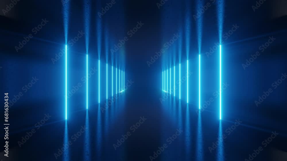 Poster endless corridor with neon lines tending up and moving forward a concrete corridor illuminated with 