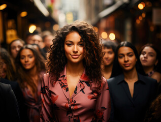 Fototapeta premium Stylish young woman confidently stands out in a bustling city crowd with a radiant smile and fashionable presence.