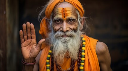 Indian hindu spiritual and religious old man with traditional dressing giving blessing - obrazy, fototapety, plakaty