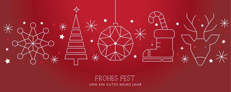 Weihnachtsgruss Frohes Fest - Stern, Weihnachtsbaum, Christbaumkugel Nikolausstiefel und Reh - deutscher Text auf rotem Hintergrund