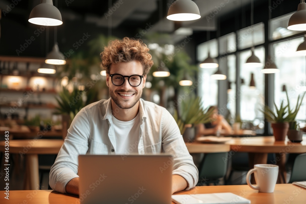 Poster attractive nerd uses chatgpt for search information, working in a beautiful co-working space.
