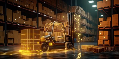 Automated Forklift doing storage in a warehouse managed by machine learning and artificial intelligence automation, robotics applied to industrial logistics, Distribution products, Commercial - obrazy, fototapety, plakaty