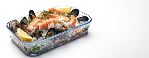 Seafood mix with mussels and salmon in a clear container, garnished with lemon, ready for a delightful meal.