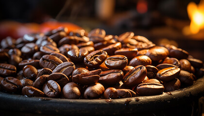 Freshly ground gourmet coffee beans on a dark wooden table generated by AI