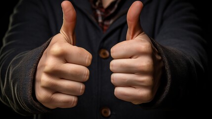 A faceless man in studio doing gesture of double thumbs up
