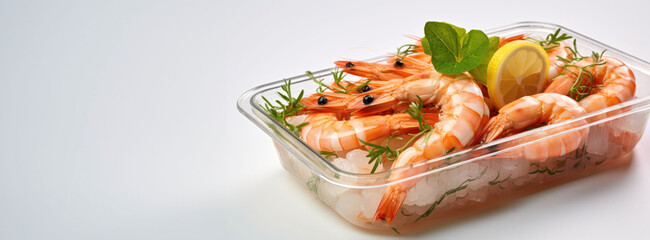 A plastic container filled with seasoned shrimp and lemon slices, ready for dining or fast delivery on a neutral backdrop.