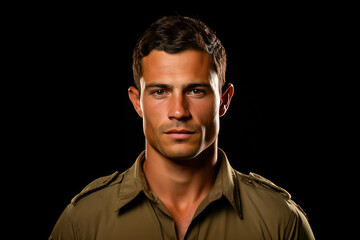 Fototapeta premium Close-up portrait of a confident young male model in a military-style shirt, with a strong and serious expression against a black background.
