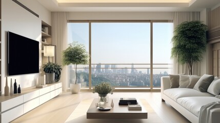 A living room is full of white furniture and TV with elegant cityscapes view.