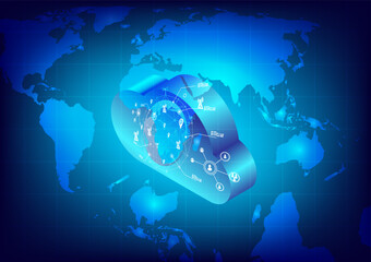 Cloud storage. From the cloud in the world map.  A digital service or application that transfers data to a server or hosting service. Data transfer protection and data center connection network.