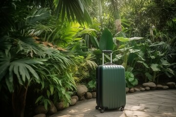 Fototapeta premium Green luggage suitcase in tropical forest. Travelling trolley for exotic vacation destination. Generate ai