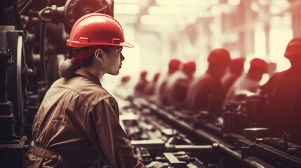 Young woman engineer or factory worker with safety helmet in industrial factory