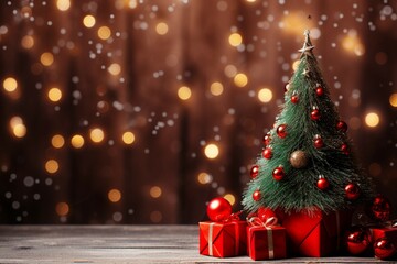 Fototapeta na wymiar Magical holiday Christmas backdrop a sparkling tree and bokeh lights on red 