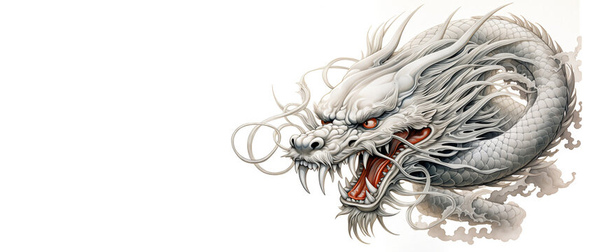 Illustration of mythical Chinese dragon representing Chinese new year of the dragon lunar new year with copy space cut out and isolated on a white background