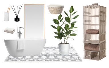 Mood board with bath tub, bathroom supplies and decorative elements on white background