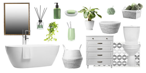 Mood board with bath tub, toilet, bathroom supplies and decorative elements on white background