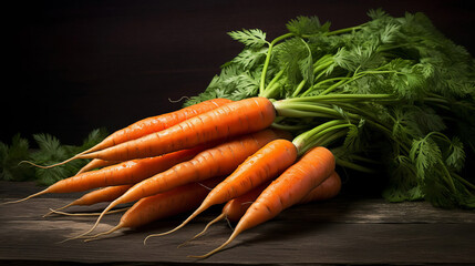 Bunch of fresh carrots on a wooden background. - obrazy, fototapety, plakaty