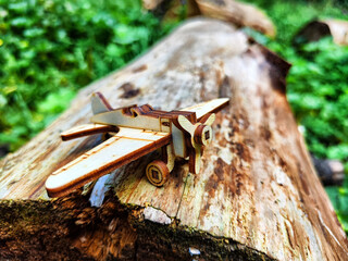 Vintage toy wooden airplane in nature. Private adventure traveling by flight. Aircraft for nature...