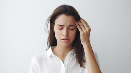 Fototapeta premium Woman alone on a stark white background, hand on forehead, appears exhausted