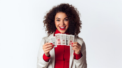 Woman with tickets and phone, isolated against a white background - obrazy, fototapety, plakaty