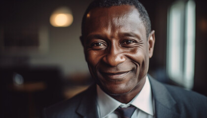 Fototapeta premium Confident African businessman smiling, looking at camera in office generated by AI