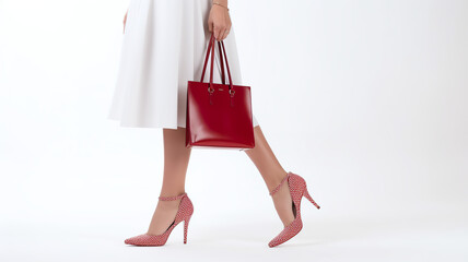 woman alone on a white background, clutching shoes and shopping bags