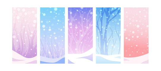Set of winter gradient snow posters. Snowy backgrounds with trees and snowfall. Clear blue violet and pink sky. Snowy weather atmosphere. Vector illustration for post, banner.