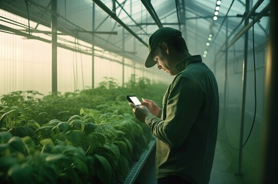 Man using mobile in plants indoor greenhouse. Hothouse greenery worker utilizing phone. Generate ai - Powered by Adobe