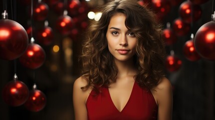 Curly brunette hair woman with Christmas decorations 
