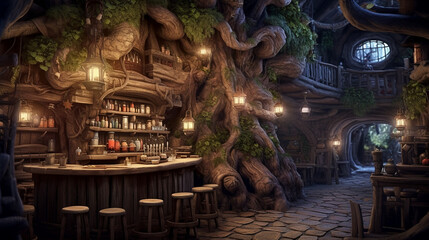 gemütliche, stimmungsvolle mittelalterliche Fantasy-Taverne. generative KI